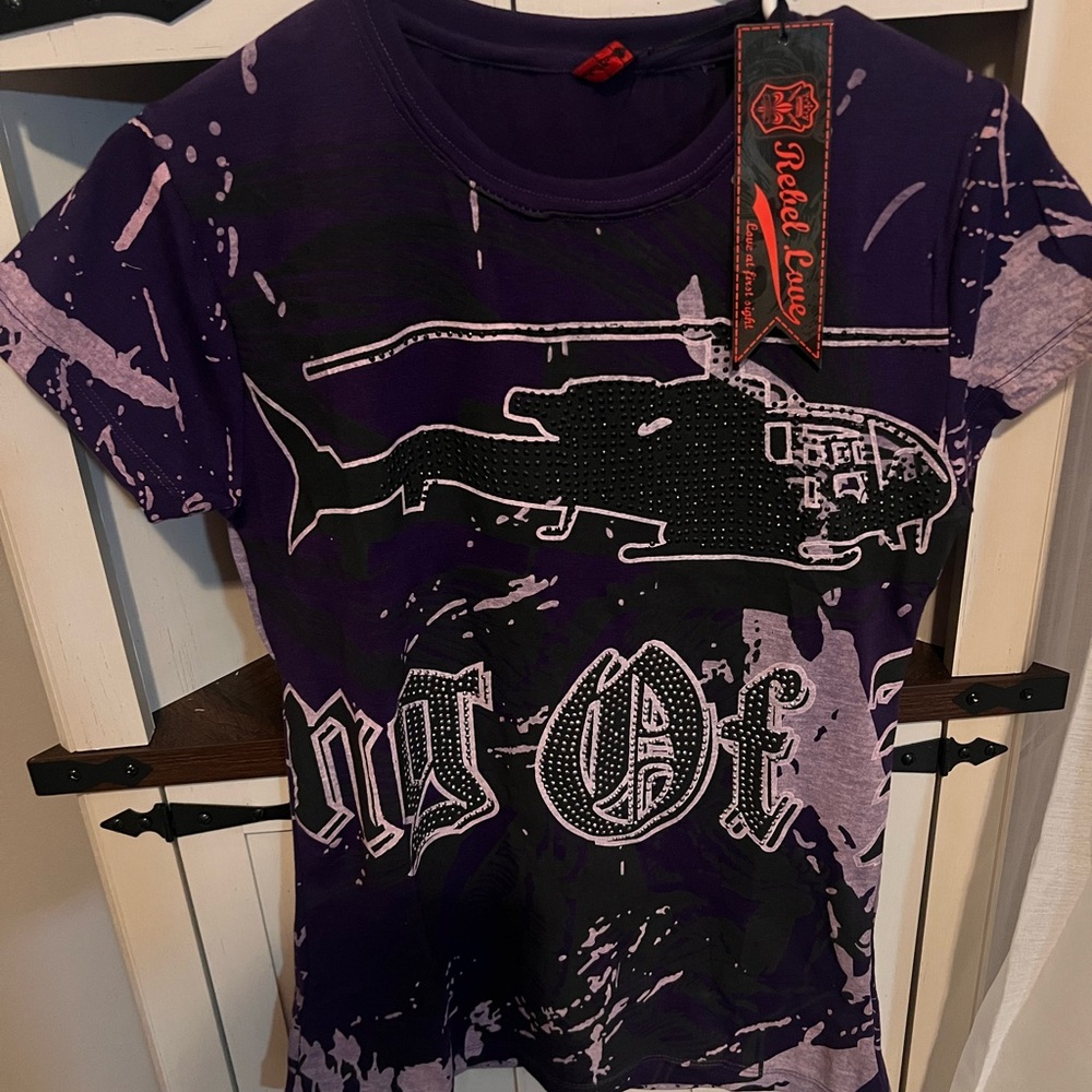 NWT Rebel love Purple blinged out tee